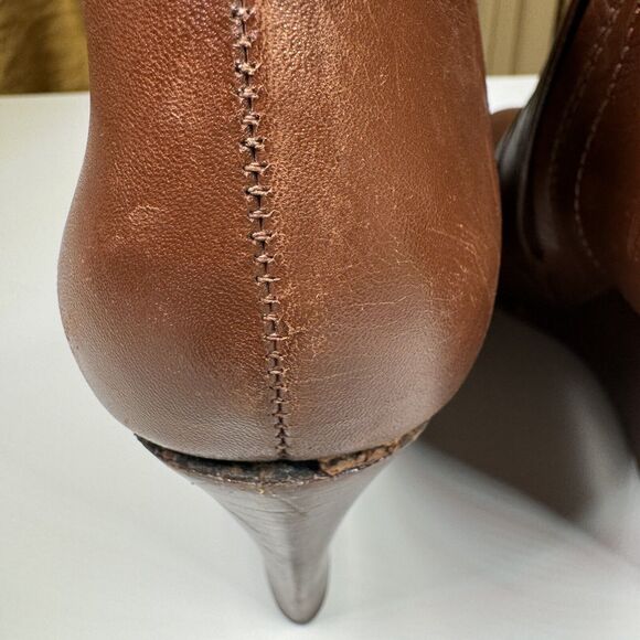 Tory Burch Milan Brown Leather Wedge Ankle Boots Size 6.5M Side Zip Logo Buckle - Picture 5 of 13